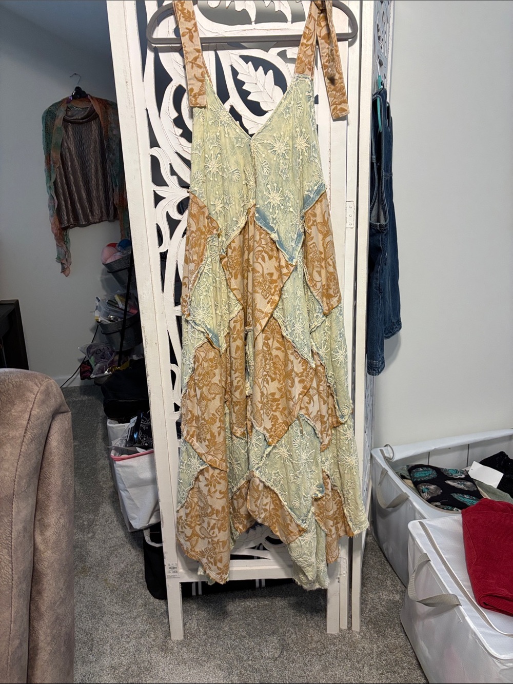 Boho Patchwork Summer Romper. in Sage & Camel